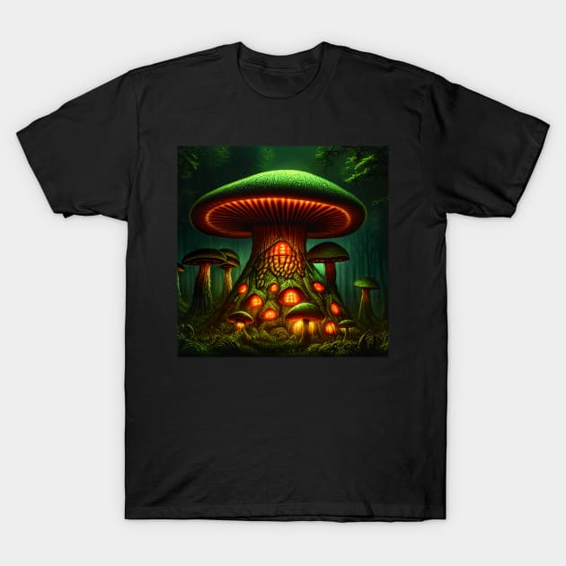 Magical Big Cottage Mushroom House with Lights in Forest with High Trees, Mushroom Aesthetic T-Shirt by Promen Art